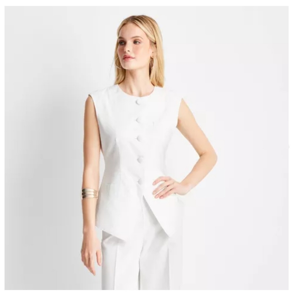 Jenee Naylor‎ Sleeveless Button Front Waistcoat Vest Future Collective White